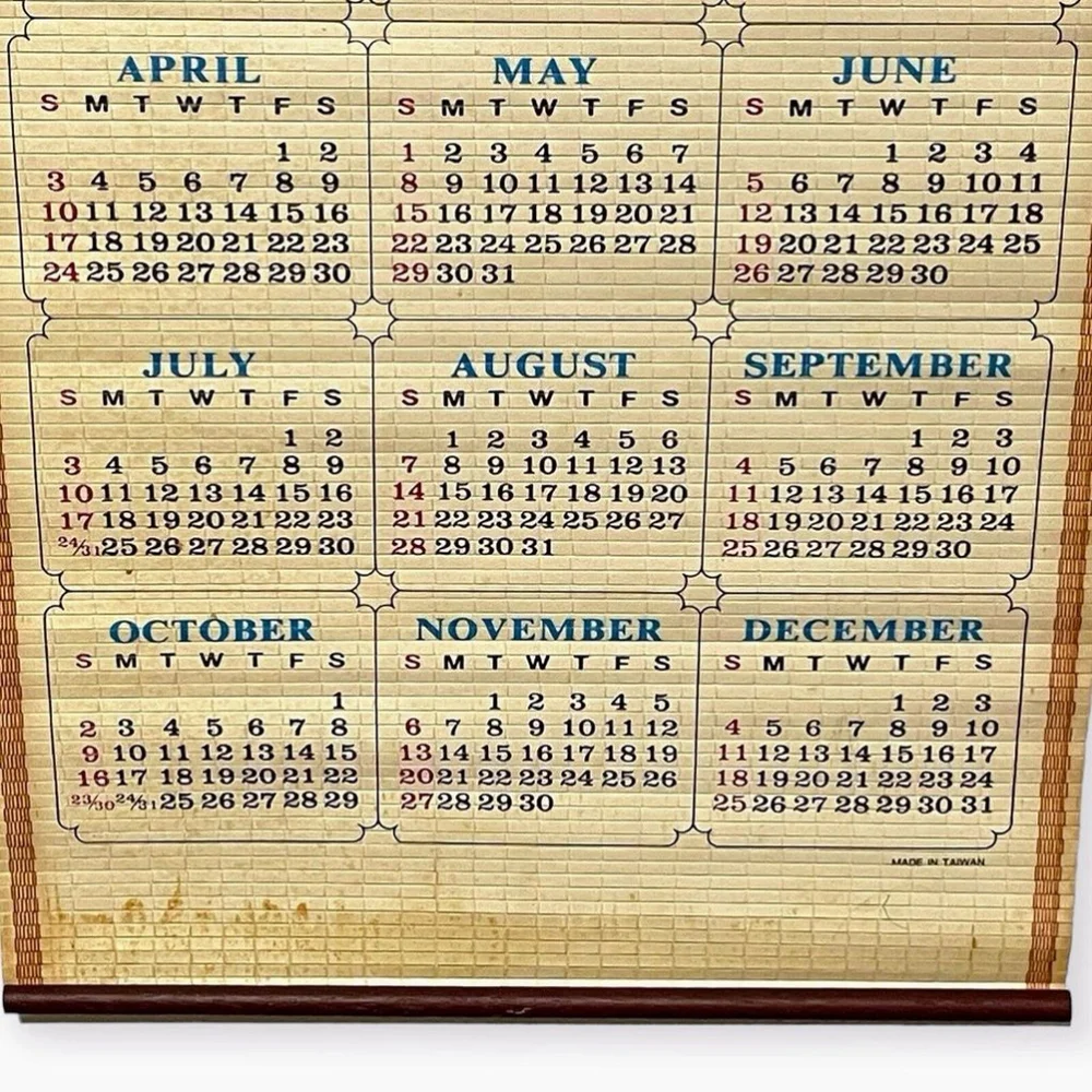 Vintage 1994 Bamboo Wall Calendar Roll Up Primitive Americana Country Folk Art